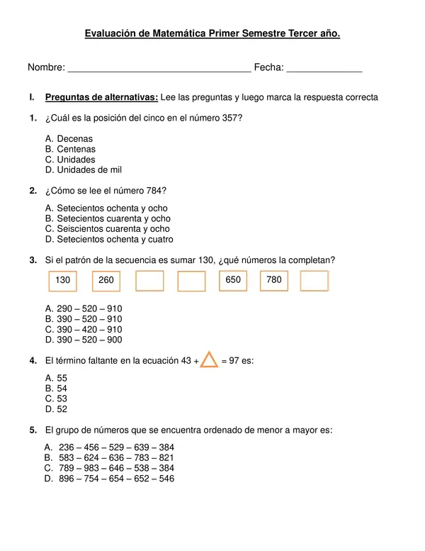 Evaluación Primer Semestre Matemáticas tercer año