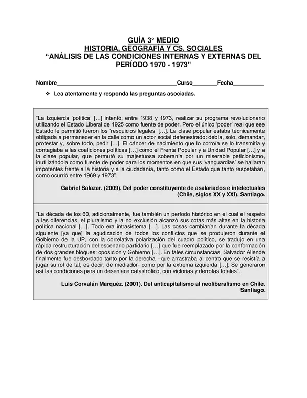 “ANÁLISIS DE LAS CONDICIONES  DEL PERÍODO 1970 - 1973” TERCERO MEDIO, ED. CIUDADANA