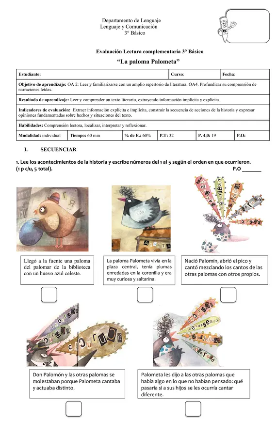 Prueba lectura complementaria "La paloma Palometa"
