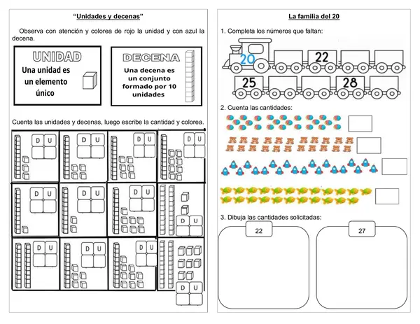 Guía 1° básico "Unidad y decena" "La familia del 20"