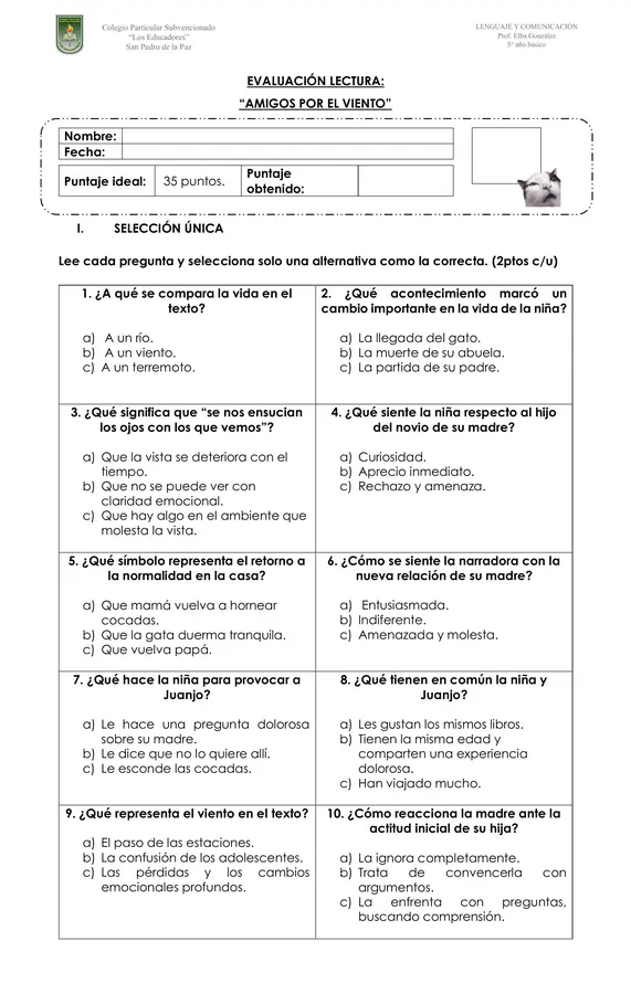 5° EVALUACIÓN LECTURA