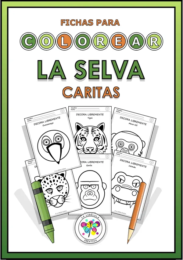 Fichas colorear animales selva jungla salvajes caras