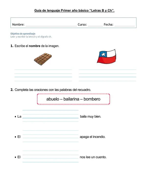 Guía de lenguaje 1°año "Letra B y Ch".