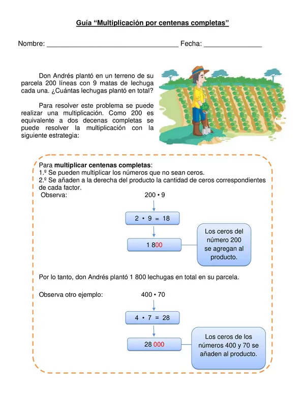 Guía "Multiplicación por centena completa" 4° básico.
