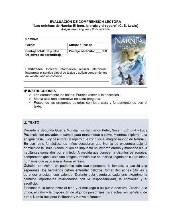 Prueba del libro "Las crónicas de Narnia: El león, la bruja y el ropero" (C. S. Lewis) 5° básico