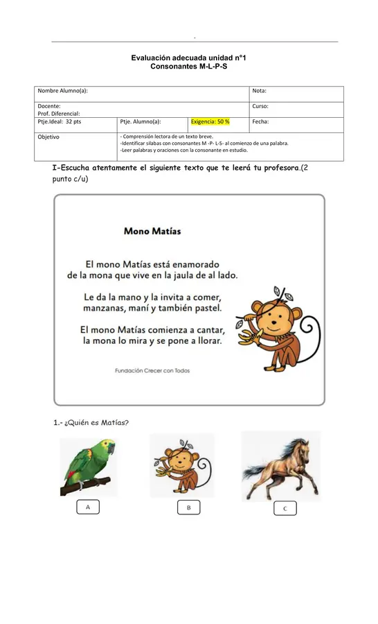 Evaluación adecuada consonante M-L-P-S Primero básico 