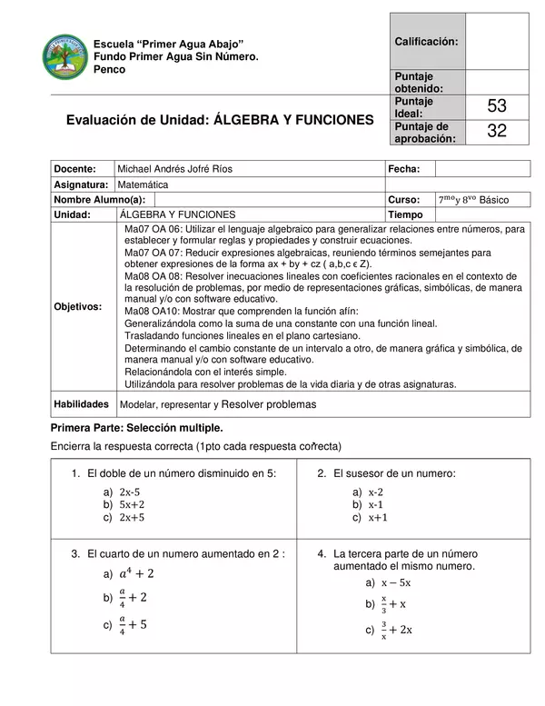 evaluación Algebra y Funciones
