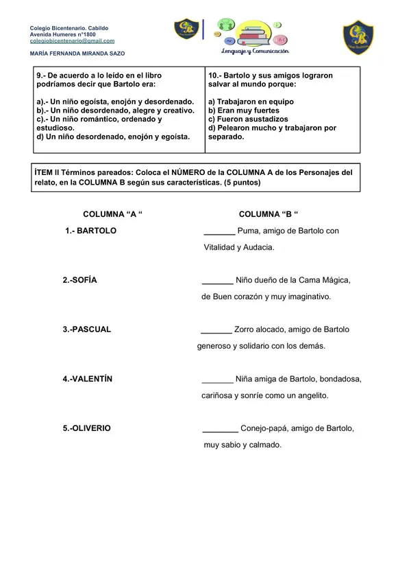Evaluacion Plan lector: La cama magica de Bartolo