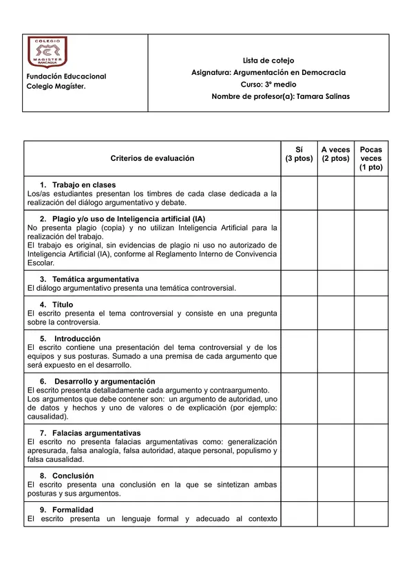 Lista de cotejo diálogo argumentativo y debate 