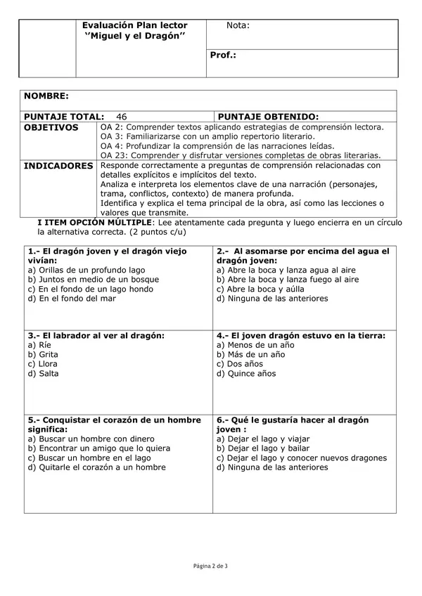 Evaluación : Prueba Miguel y el dragon