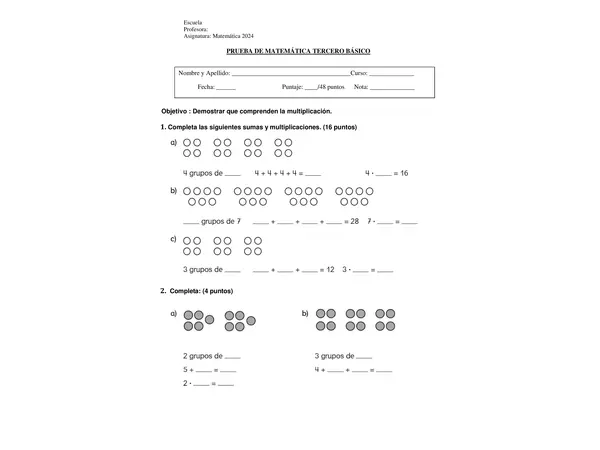 Prueba de multiplicaciones (Tercero básico)