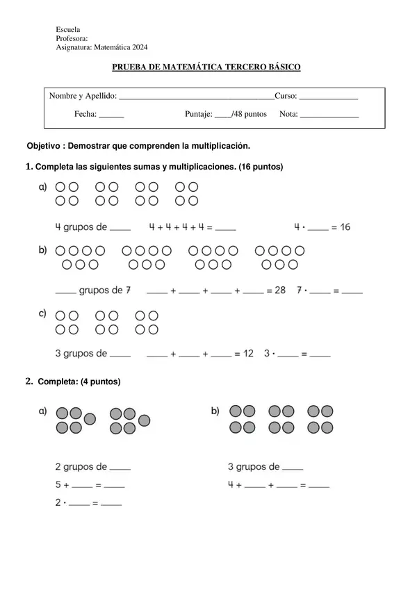 Prueba de multiplicaciones (Tercero básico)