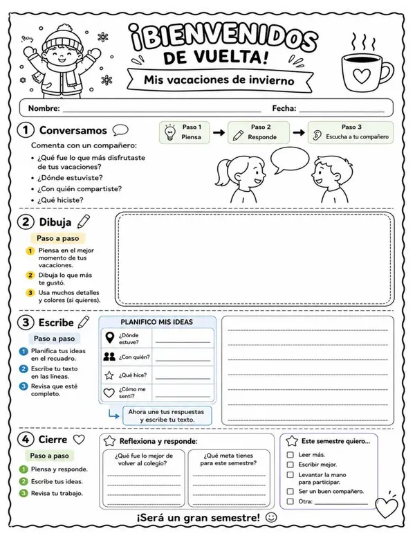 Actividad de Escritura: ¡Bienvenidos de Vuelta! | Mis Vacaciones de Invierno | 2° y 3° Básico
