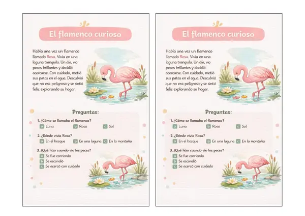 Comprensión de lectura corta para pegar en el cuaderno "El flamenco curioso"