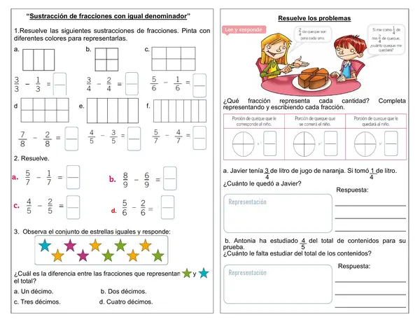 Guía de matemática 3°- 4°año "Sustracción de fracciones con igual denominador"