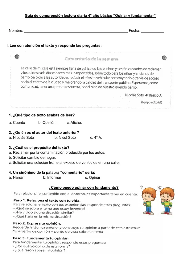 Guía de lenguaje "Opinar y fundamentar" 4° año básico.