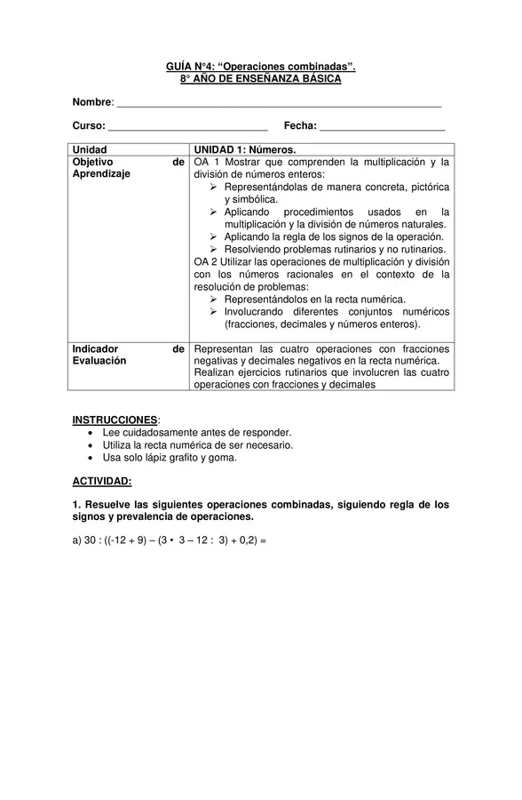 GUIA OPERACIONES COMBINADAS, MATEMATICA, OCTAVO BASICO