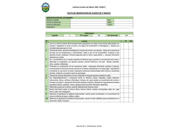 Pauta de observación contenidos tercero básico