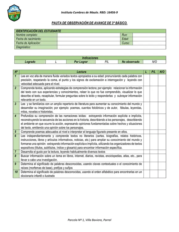 Pauta de observación contenidos tercero básico