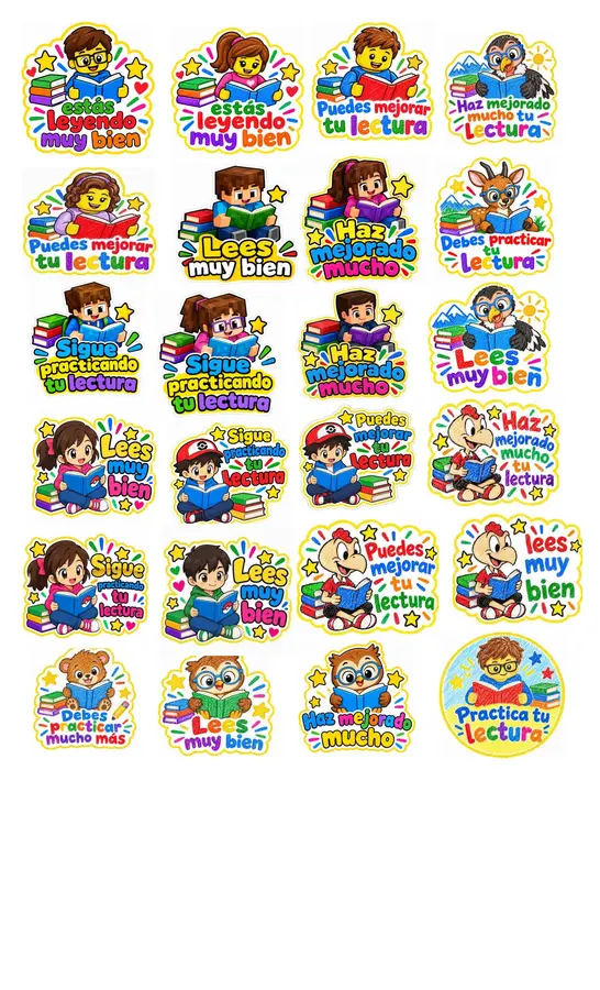 Stickers  motivacionales de lectura estilo Mine craft, Lego, Condorito y cóndor