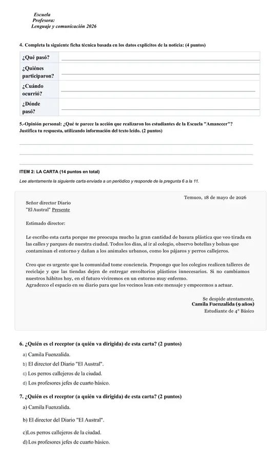 PRUEBA DE LENGUAJE CUARTO BASICO