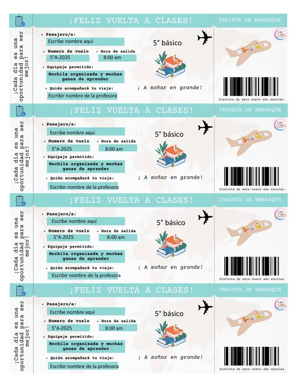 Ticket/billete de avión "Feliz vuelta a clases" EDITABLE
