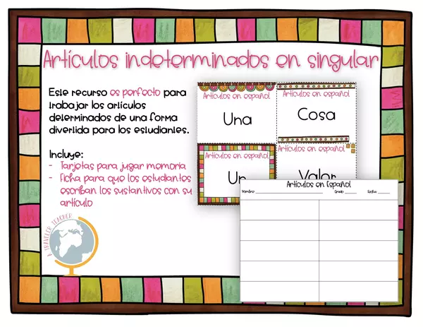 Juego Memoria Artículos Indeterminados en Singular en Español
