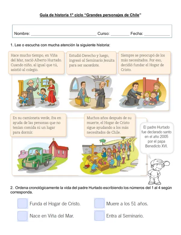 Guía  "Vida del padre Alberto Hurtado" 1° ciclo.