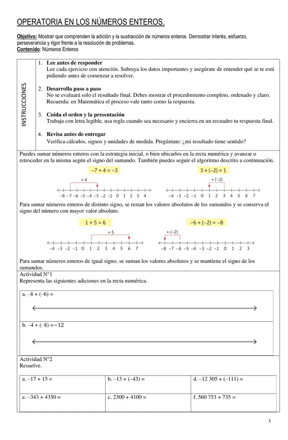 GUÍA DE SUMA Y RESTA DE NÚMEROS ENTEROS