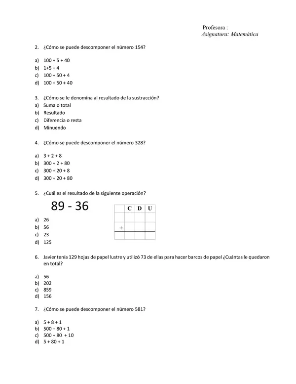 Evaluación matemática 3° básico