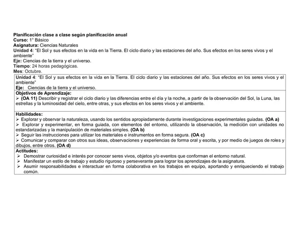  Planificación Mensual Clase a Clase - U3 NATURALES , PRIMERO, OCTUBRE