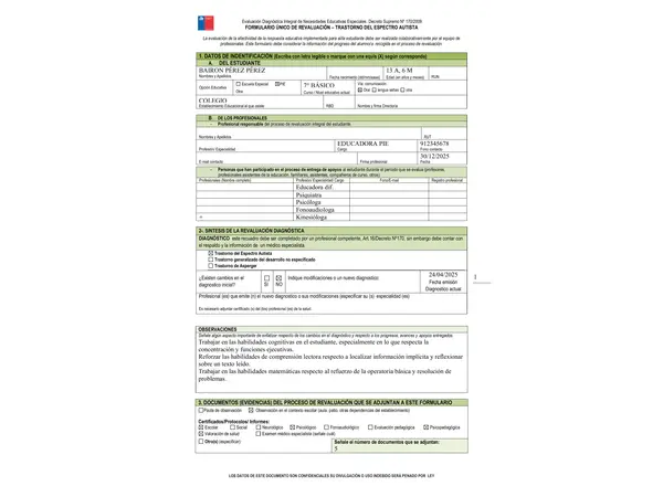 Formulario FUR (Reevaluación PIE) TEA - NEEP