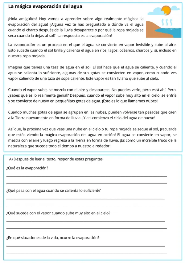  El Agua: Evaporación y Congelación Ficha de Ciencias para 2° - 4° Básico