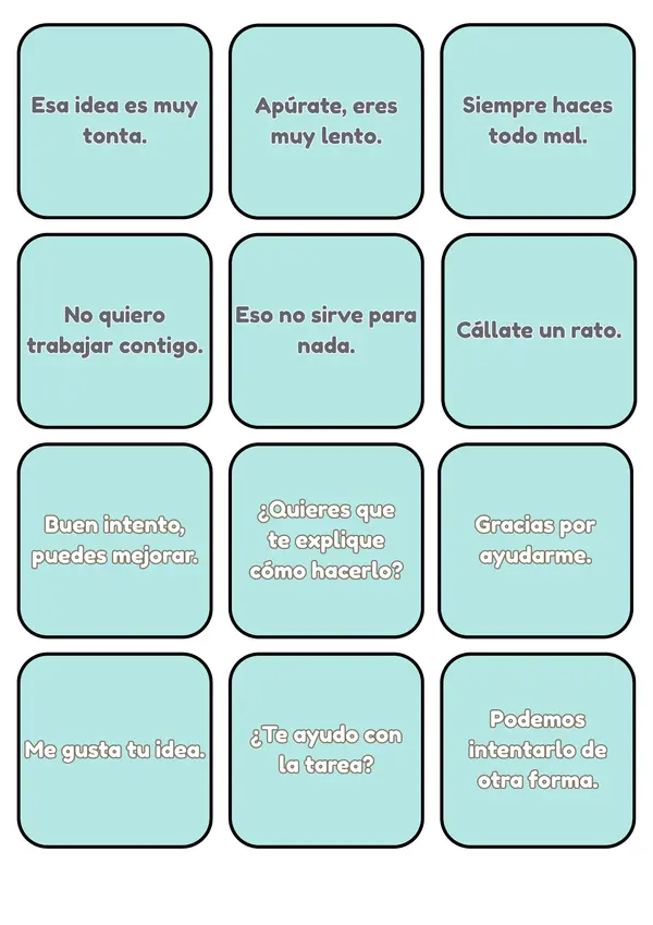 Tarjetas para Juego Socioemocional "Palabras que Ayudan, Palabras que Dañan"