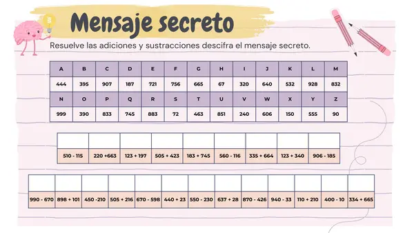 Descifra el mensaje secreto: adición y sustracción hasta 3 dígitos
