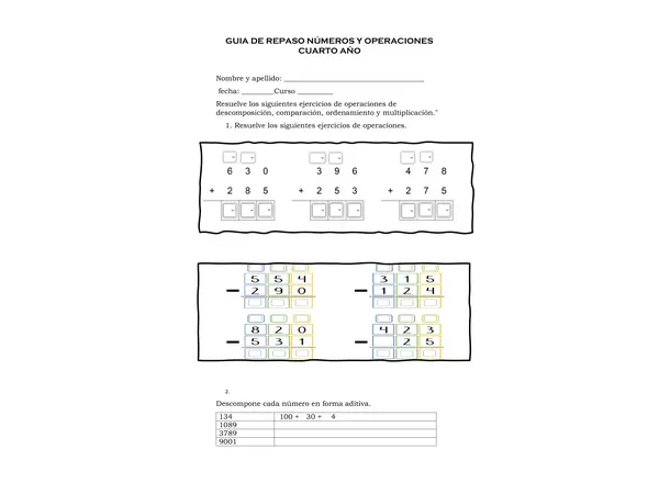 Guía editable Repaso  números y operaciones cuarto año básico matemática" en Word