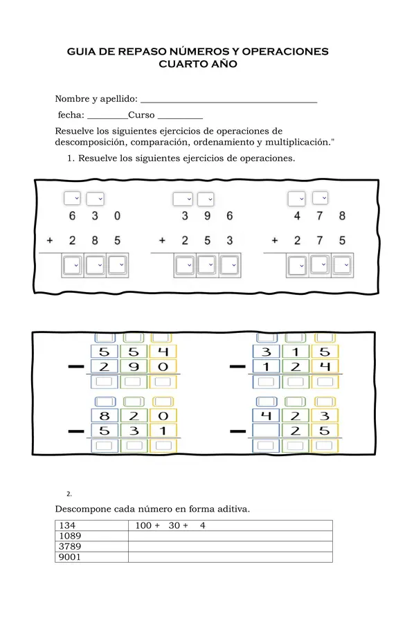 Guía editable Repaso  números y operaciones cuarto año básico matemática" en Word