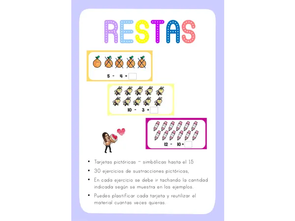 Tarjetas pictóricas sustracciones hasta el 15