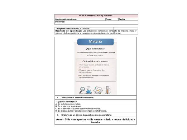 Guia de materia, propiedades, estados de la materia, masa y volumen.