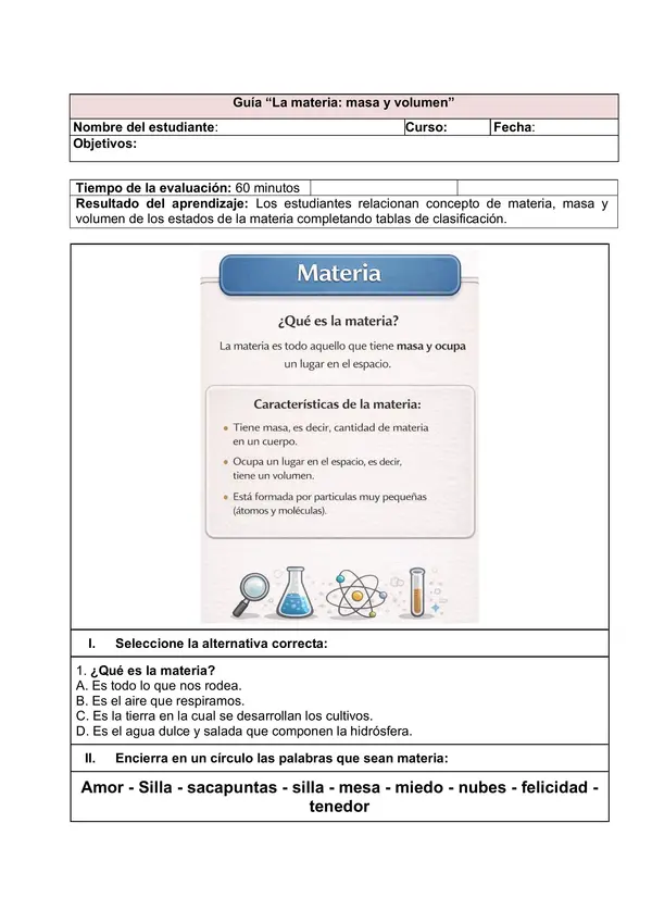 Guia de materia, propiedades, estados de la materia, masa y volumen.