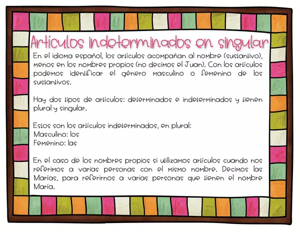 Juego Memoria Artículos Indeterminados en Singular en Español