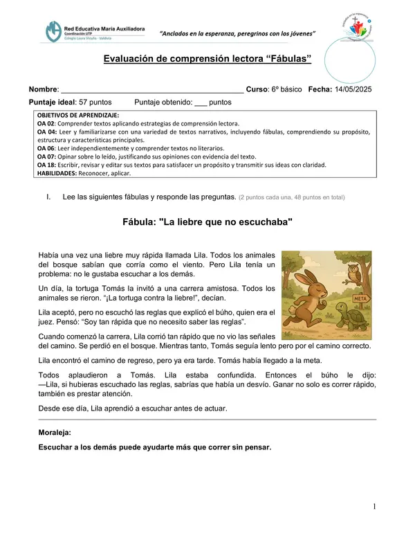Comprensión lectora fábulas