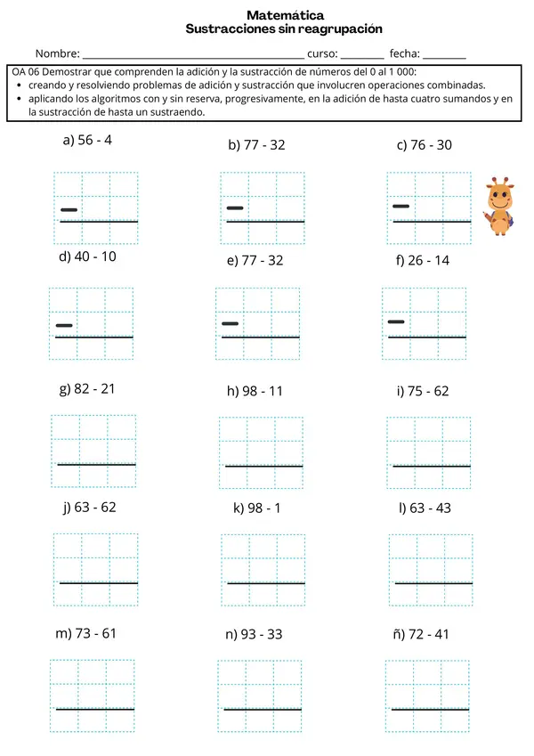 Ficha de Matemática: Sustracciones con y sin Reserva - Ejercicios y Problemas