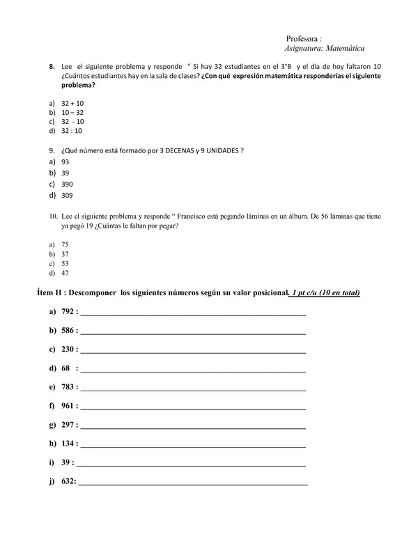 Evaluación matemática 3° básico