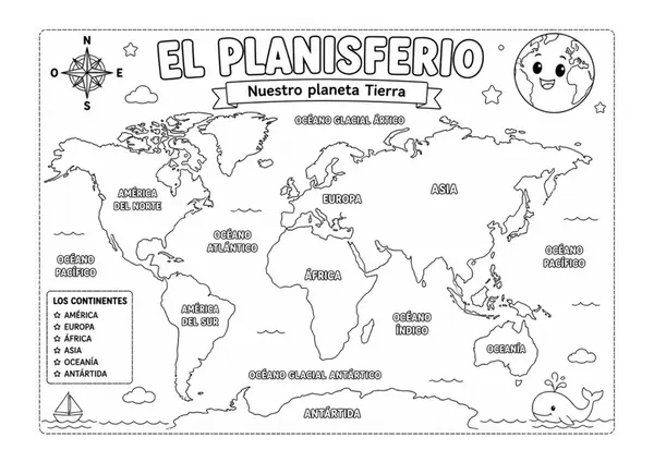 El Planisferio para Colorear | Mapa del Mundo  Pósterde Geografía 