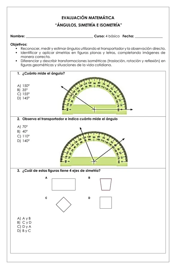 Prueba Matemática - Ángulos, simetría e isometría 