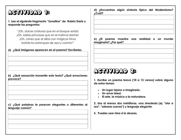 Guía de trabajo - Movimiento Literario: modernismo