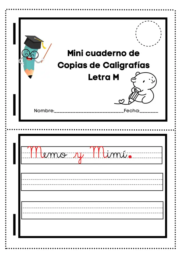 Mini cuaderno de caligrafía letra M  escritura lenguaje Primer año básico.