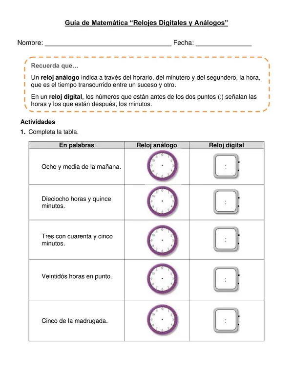 Guía "Relojes análogos y digitales" Tercer año.