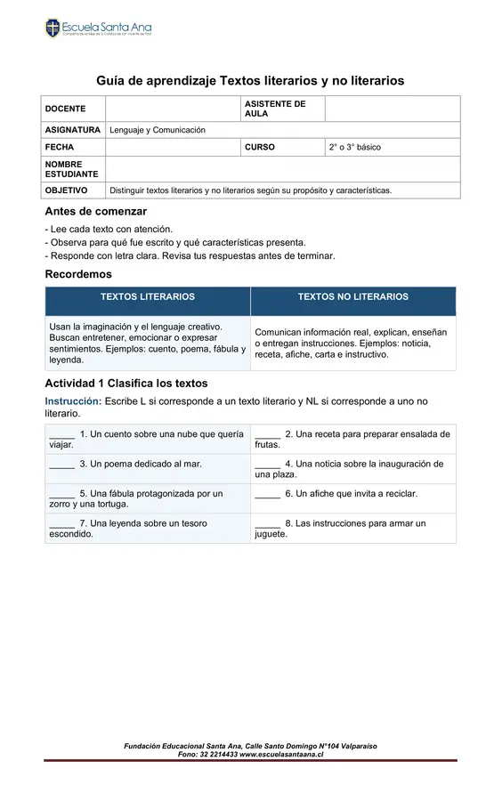 Guia de textos literarios y no literarios. 